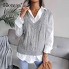 Gebreide truien voor vrouwen mode herfst winterkleding casual plaid trui vest dames pullovers wit blauw roze grijs 220125