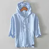 Hooded Short Sleeve T-shirt för män Bomull Linen Striped Casual Topps Sommar Ny Man Tees Nya Tunna Kläder 210421