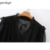 Yenkye Moda Kadınlar Seksi Şeffaf Örgü Bluz Gömlek Uzun Kollu V Boyun Fırfır Vintage Siyah Üst Kadın Noktalı Blusas Tops 210515