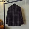 Women's Jackets AUYIYI Luxury Designer Brand Wool Blends Coat For Women Fashion Black Vintage V-Neck Plaid Wide Waisted Tweed S-XXL