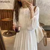 Elegancka sukienka Maxi Kobiety Hollow Out A Loose Loose White Dresses Kobiet Koreański O-Neck Lampion Sleeve Vestido de Mujer 4H895 210519