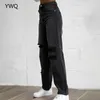 Cargo Pant Dżinsy Kobieta Wysoka Talia Stretch Czarny Ripped Prosto Noga Mama Chłopak Przyczynowy Baggy 210809