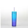 Gradient Rainbow Color Water Cup Teacup Multicolor 16oz Straight Cup Double-layer Plastic Straw Cups gyq