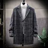 Men's Trench Coats Korean Mens Fashion Striped Coat Autumn Winter Medium Long Warm Thick Overcoats Street Single Breasted Wool