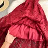 Yaz Kırmızı / Mavi / Sarı Dantel Elbise Kadınlar Seksi V Yaka Kısa Kollu Yüksek Bel A-Line Vestidos Kadın Zarif Tatil Plaj Robe Y0603