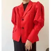 [EWQ] Vintage Gigot Sleeve Pockets Female Outerwear Chic Tops Women Spring Pleated Loose Puff Sleeves Red Blazer Coat 6W691 210423