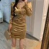 Yaz Kadın Saten Parti Uzun Kollu Vintage Zarif Lady Ipek Mini Elbise 210415