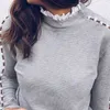 Lslaica blusar kvinna o-neck grå trä öra splicing casual kvinnor toppar mode elegant kontor party grop för 210520