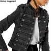 Вдохновленный военно-стиль джинсовая куртка черные кнопки ужин шикарный куртка пальто женщин повседневная куртка женская зимняя чашка 210412