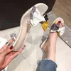 Lüks Bow Yaz Ayakkabı Kadın Yüksek Topuklu Terlik Şeffaf Peep Toe Mules Lady Pompalar Slaytlar 2021