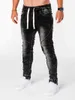 Hombres Jeans Cordón Cintura alta Desighner Jean Pantalones Verano Ropa para hombre Biker Straight Denim Washed Pant Pantalones Negro Azul 211111