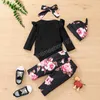 Baby Girls Clothing Set Romper + Flower Spodnie Stroje Spadek 2021 Dzieci Boutique Odzież 0-18m Toddler Niemowlę Bawełniane Długie Rękawy 4 PC Suit