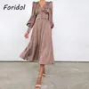 Foridol Lantern Sleeve Satin Vintage Long Dress Women Button Up Elegant Maxi Silk Party Spring Autumn Ladies 210415