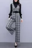 Moda Feminina Terno Outono e Inverno Woolen xadrez Grande perna larga + camisa de tricotada camisa de duas peças conjunto 210520