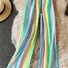 Fashion Ice silk wide-leg pants women's high waist drape rainbow loose summer thin mopping casual straight Pants trousers 210420