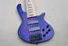 Basso elettrico Custom Factory 6 corde corpo blu e viola con 2 pickup neri, 24 tasti, hardware nero