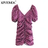 Kvinnor Chic Fashion Polka Dot Draped Mini Dress Puff Sleeves Back Zipper Kvinna Klänningar Vestidos Mujer 210420