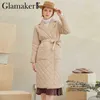 Glamaker décontracté losange imprimé femmes hiver parka longues poches profondes manteau droit femme col tailleur survêtement 210922