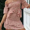 floral print 2 pieces skirt sets summer beach off shoulder ruffle suits women pink sets beach bodycon sets 210415