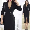 Women OL Work Blazer Notched Collar Long Sleeve Single-Breasted Business Office Lady Sexy Split Midi Dress 210416