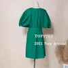Lato zielona sukienka tunikowa słodki rękaw puffowy mini luźne ponadgabarytowe bluzki bawełniane 210421