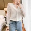 Fashion V-Neck Lace Shirts Crochet Flower Elegant White Blouse Women Autumn Vintage Long Sleeve Button Top Blusas 11907 210521