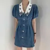 Women Denim Vintage Embroidery Dress Turn-down Collar Short Puff Sleeve Fit Fashion Spring Summer 16F0759 210510