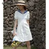 Sailor Moon White Denim Dress Summer Puff Sleeve Tunika Mini Jeans Kvinnor Buckle Button Up Short Es 210427