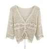3225 Short Loose Pullover Sweatshirt Spring/Summer Seven-point Sleeve Hook Flower Hollow Lace Shirt Thin Top 210507