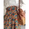 Lato Kobiety Koreański Styl Vintage Floral Print Wzburzyć Plisowane Długie Spódnice Streetwear Sznurka Elastyczny Talia Midi Spódnica 210529