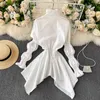 Spring European American Shirt Dress Female Lantern Sleeve Wood Ear High Collar Slim Slimming Fishtail Short C062 210506