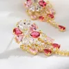 Pink Crystal Flower Women Fashion Tassel Drop Water Stud Earrings Brand Luxurious Wedding Jewelry With Cubic Zriconia