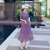 Летняя корейская мода шифон платья женщин с коротким рукавом офис леди bodycon плюс размер фиолетовая оболочка винтаж 210531