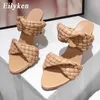 Eilyken Fashion Woman Handmade Weave Knitted Slippers Lady Crossover Open Toe Thin Heels Party Sandals White Black Blue size 42 C0410