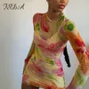 FSDA Mesh 2021 Floral Print Long Sleeve Dress Women Sexy See Through Summer Spring Y2K Beach Party Mini Bodycon Dresses X0521