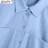 Zevity Women Fashion Pocket Patch Solid Färg Casual Slim Shirt Klänning Kontor Lady Elastisk Midja Breasted Business Vestido DS8324 210419