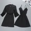 Marque sexy femmes robe robe ensembles twinest peignoir + mini robe de nuit deux pièces vêtements de nuit femmes sommeil ensemble fausse soie 210607