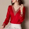 Long Sleeve Casual Shirts Plus Size Hollow Satin Silk Blouse Women V-neck Solid Loose Chiffon Shirt Tops 13709 210508
