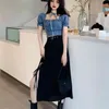 Koreanische Streetwear Sommer 2 Stück Sets Damen Outfits Denim Jeans Crop Top Bandage Lange Rock Anzüge Weibliche Zwei 210514