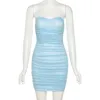 2 طبقات ruched الأزرق الصيف البسيطة اللباس المرأة مثير حمالة bodycon النادي فساتين حزب حفلة موسيقية ليلة خمر روب أنيق 210517