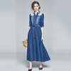 Dames Herfst en Winter Elegante Denim Lange Jurken Hoge Kwaliteit Femme Lace Designer Runway Blue Vestidos 210520