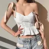 Bustier Solide Blanc Volants Tucked Top Taille Haute Col Suspendu Petit Sling Gilet Femmes Printemps Et Été GX955 210421