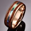 Bröllopsringar Fashion 8mm Rose Gold Tungsten Carbide Hawaiian Koa Wood and Abalone Shell Opal Inlay Ring Band Men's Jewelry244p