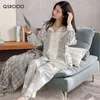 QSCOSCIO秋の女性のパジャマを設定する高品質ボヘミアンストライププリントスリーウェアVネックコットンホームウェアナイトウェアパジャマフェムメ211112