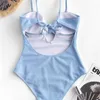 Sexy Tie Bow V neck One Piece Swimsuit Women Cross Lacing up Backless Monokini Swimwear Vintage Tank Bathing Suit 210429