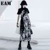 [EAM] Kobiety Czarny Drukuj Hollow Out Ruffle Sashes Dress V-Neck Krótki rękaw Loose Fit Fashion Spring Summer 1DD7541 21512