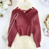 Kvinnor Glänsande Lurex Sweater V-Neck Long Puff Sleeves Sticka Toppar Av Axel Sexig Elastisk Midja Strikkad Blus Sweater X0721