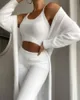 Winter Women 3Pcs Plain Fluffy Suit Set Solid Crop Top & Skinny Pants & Longline Coat Set Femme Home Wear Ladies Clothes 210415