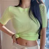 Womengaga Koreański Biały Zielony Pomarańczowy Sexy Slim Top Cienki Okrągły Neck Krótki Rękaw Koszulka Dziewczyna Tshirt Kobiety Lato Topy YP88 210603