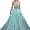 2021 Sexy Spaghetti Straps Prom Dresses A Line 3D Flowers Beading Top Sleeveless Evening Party Gowns Long Special Occasion Dress